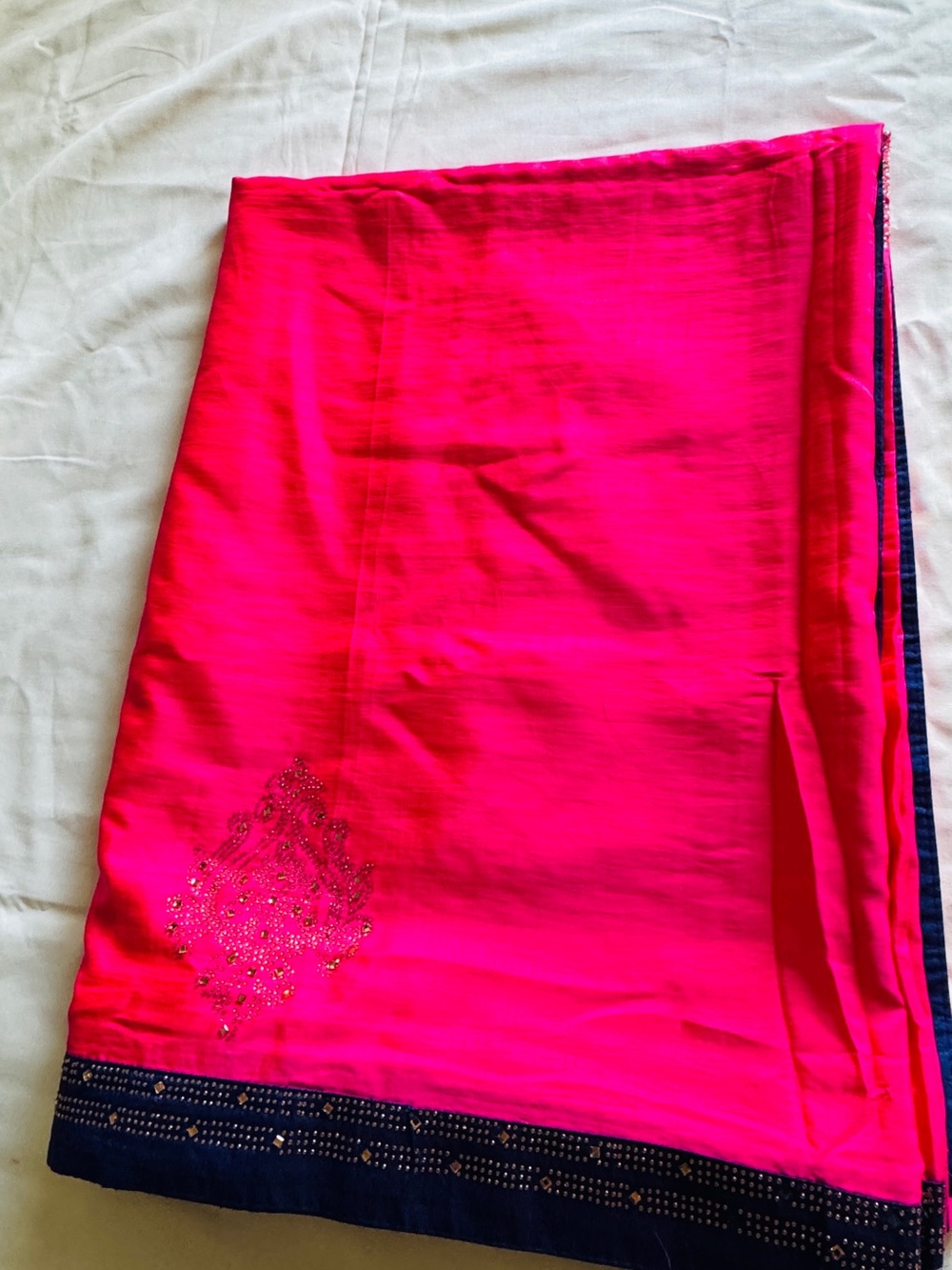 Vibrant Hot Pink Embellished Saree with Navy Border